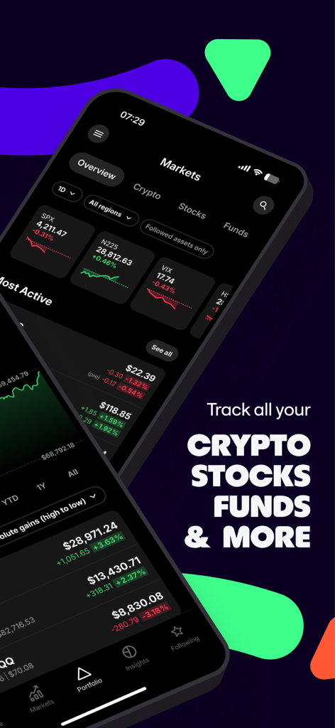 Interface de l'application mobile Delta par eToro suivant les actions crypto et les fonds en mode sombre