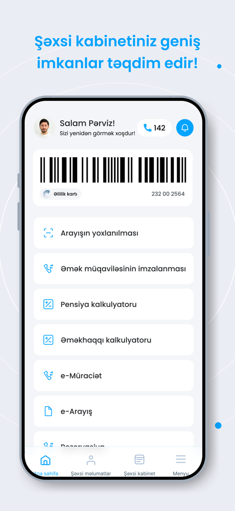 e-Sosial - Personal cabinet dashboard of the e-Sosial app displaying various social service options and a user profile