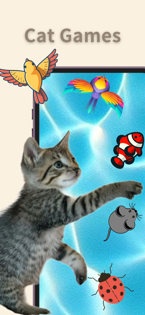 CatVerse - Cat Games for Cat - A small kitten reaching for digital fish and birds on a smartphone screen