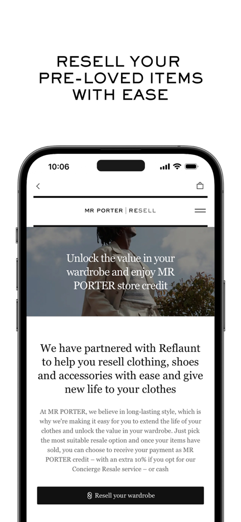 Interface de l'application mobile MR PORTER pour revendre des articles de mode masculine de luxe d'occasion.