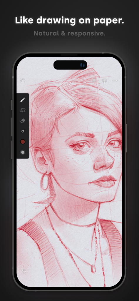 Infinite Painter - Un croquis de portrait au crayon rouge d'une femme sur une toile numérique dans l'application Infinite Painter