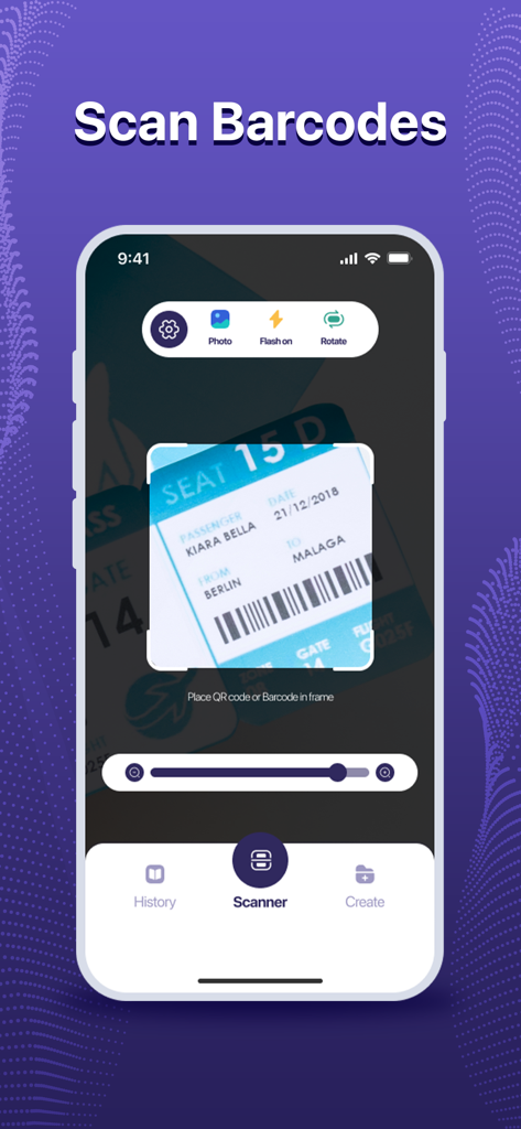 Mobile app interface scanning a barcode on a boarding pass with options for history and QR creation.