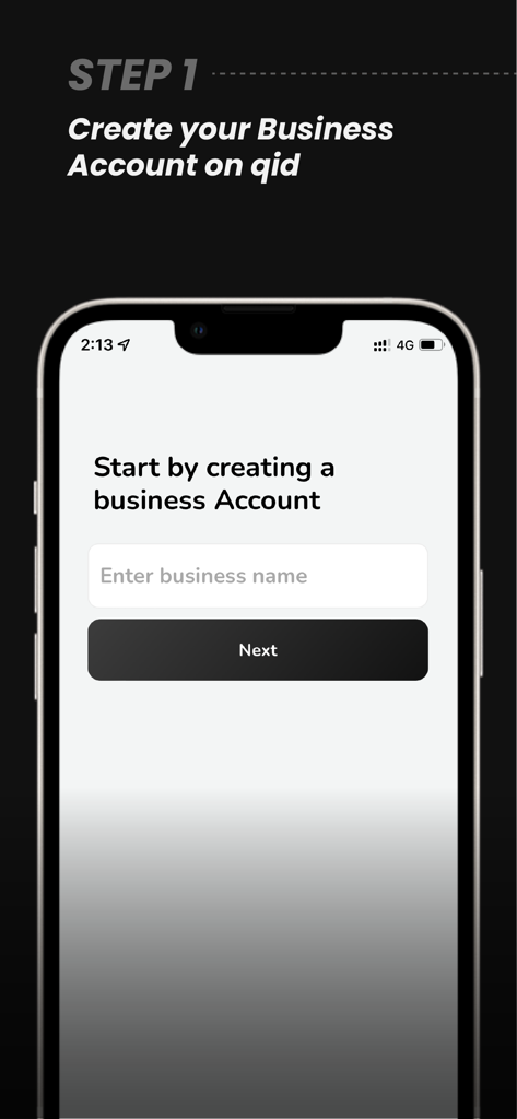 QID - Quick ID - Premier écran de l'application QID montrant un champ de création de compte professionnel sur un iPhone