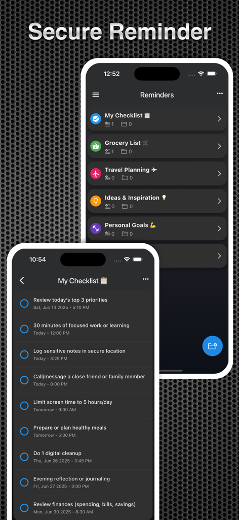 App Secret Pro - Interface do App Secret Pro exibindo lembretes e listas de tarefas seguras em dois iPhones