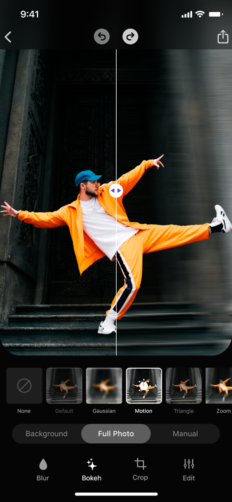 Interface of a photo editing app showing a split screen before and after a motion blur effect on a dancing man in an orange tracksuit