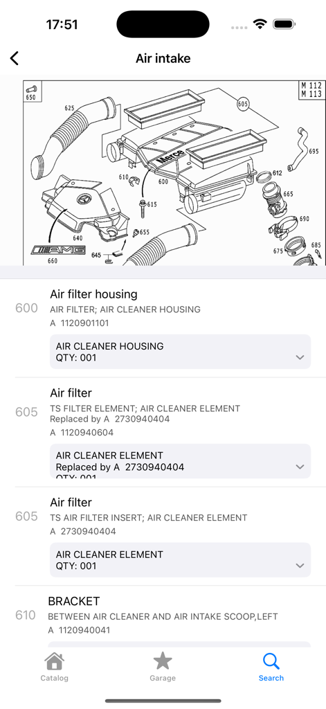 Car Parts - OEM catalogs - Technical diagram and parts list for a car air intake system with OEM part numbers.