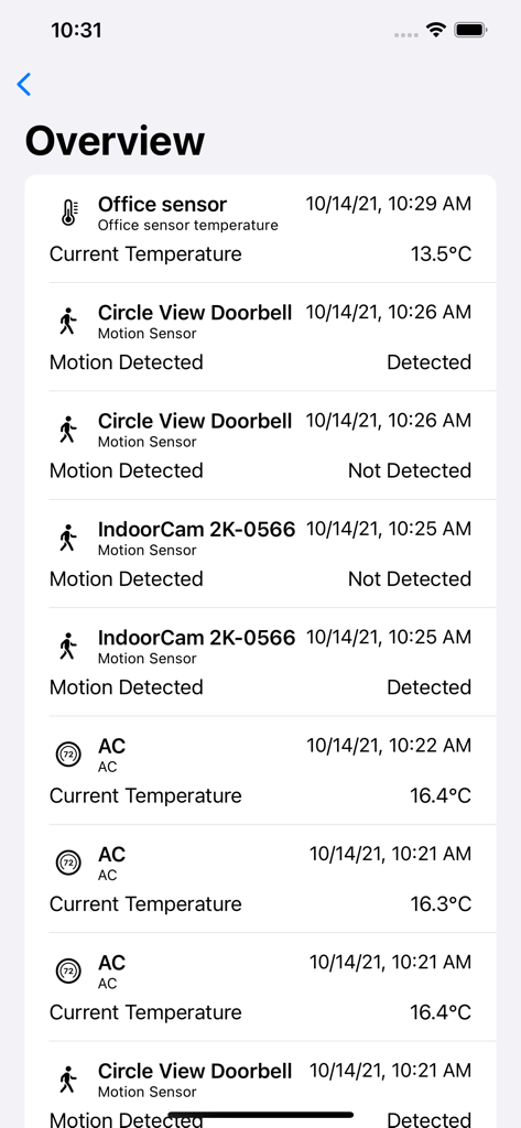 HomeLog for HomeKit - Overview screen of the HomeLog for HomeKit app showing a history of smart home device events and timestamps