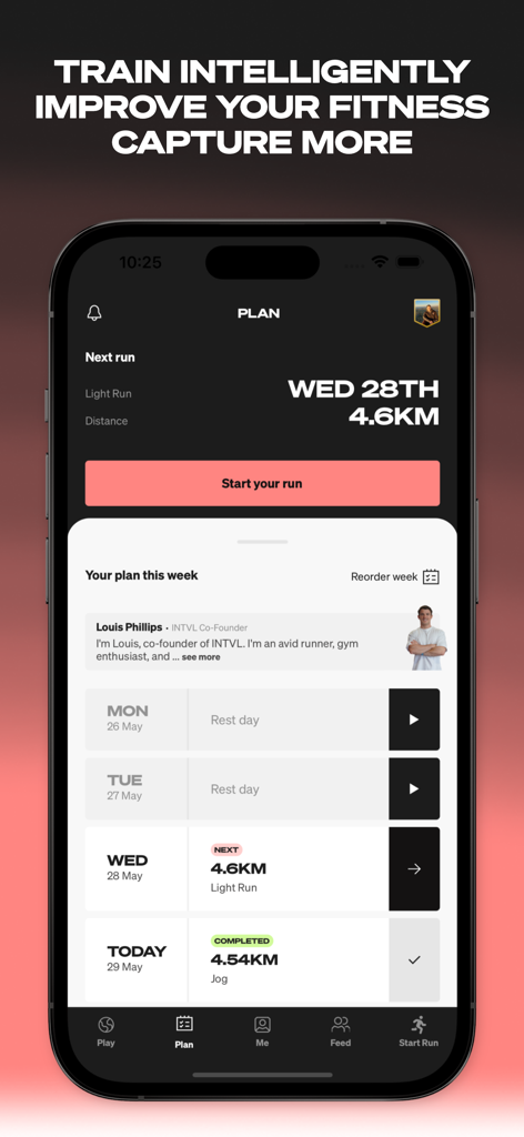 INTVL mobile app training plan screen with weekly running schedule.