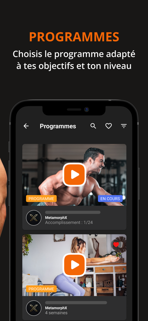 MetamorphX - MetamorphX app interface showing a list of professional workout programs for gym and home training