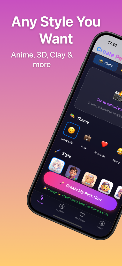 AI Emojis: New X Moji Creator - Interface do gerador de emojis de IA mostrando vários estilos artísticos como anime 3D e argila para adesivos personalizados