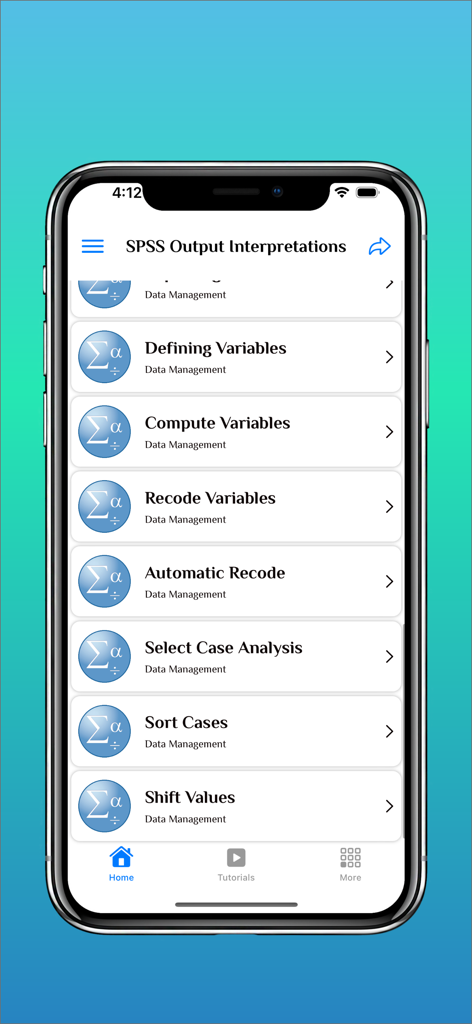 Oberfläche der SPSS Software Guide App mit einer Liste von Datenmanagement-Tutorials, einschließlich der Definition und Berechnung von Variablen.