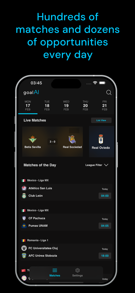 Bildschirm eines Smartphones, der die goalAI Fußball-Wett-App mit Live-Spielständen und täglichen Spielplänen anzeigt.