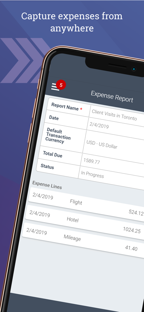 Deltek T&E for Vantagepoint - Mobile screen of Deltek Vantagepoint showing an expense report with flight and hotel lines