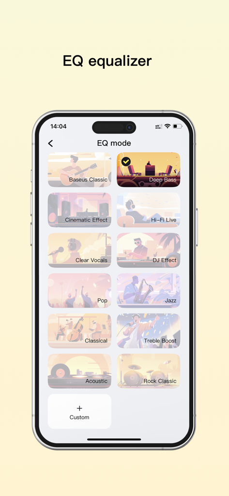 A mobile interface of the Baseus app showing a grid of audio EQ presets like Deep Bass, Jazz, and Classical.