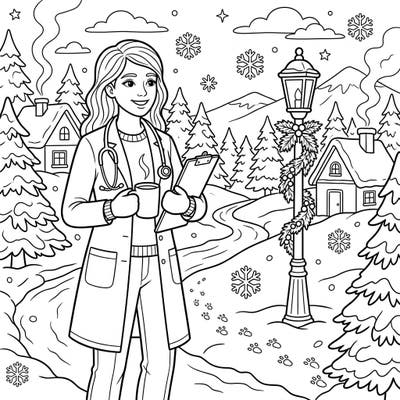 Discover the joy of coloring with our unique Winter Doctor design, blending the noble profession of medicine with the serene beauty of a snowy landscape. This delightful page invites artists of all ages to add vibrant hues to a heartwarming winter scene.