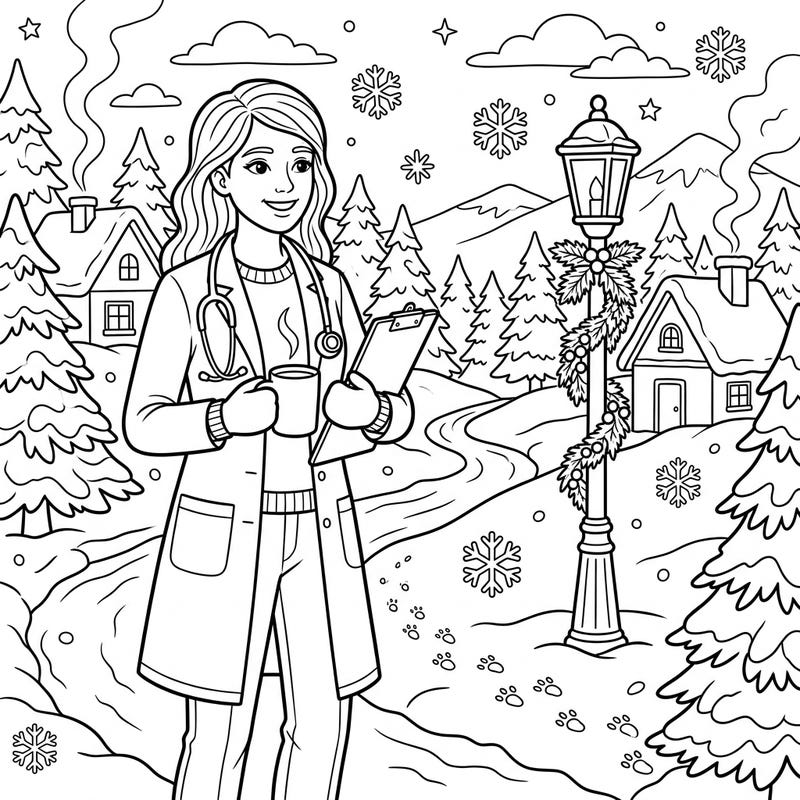 Discover the joy of coloring with our unique Winter Doctor design, blending the noble profession of medicine with the serene beauty of a snowy landscape. This delightful page invites artists of all ages to add vibrant hues to a heartwarming winter scene.