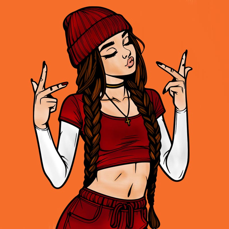 realistic teenage girl with braids and a beanie and crop top doing 🫶🏼