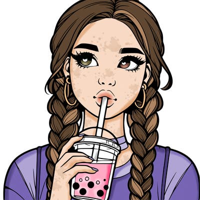 realistic girl with braided hair drinking boba