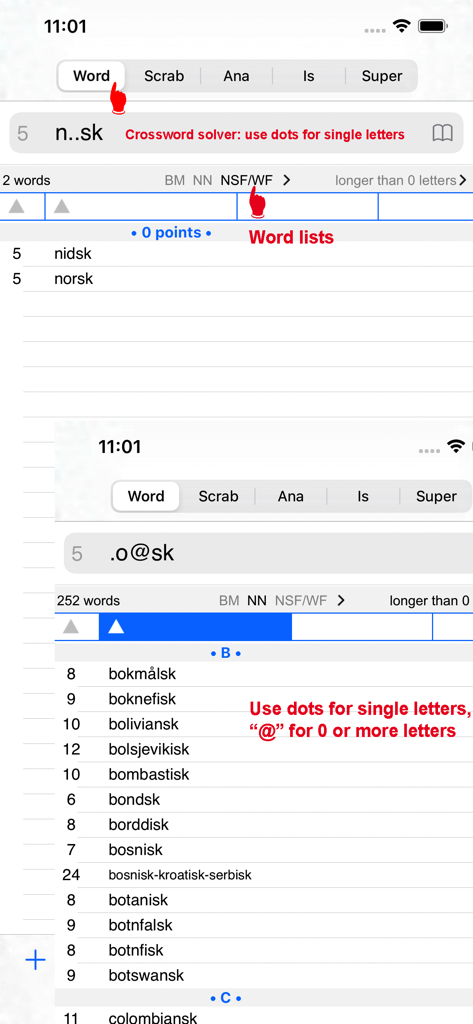 NO Words Finder PRO/Norwegian - Interfaccia dell'app di ricerca parole norvegesi che mostra i risultati della ricerca per cruciverba e giochi di parole