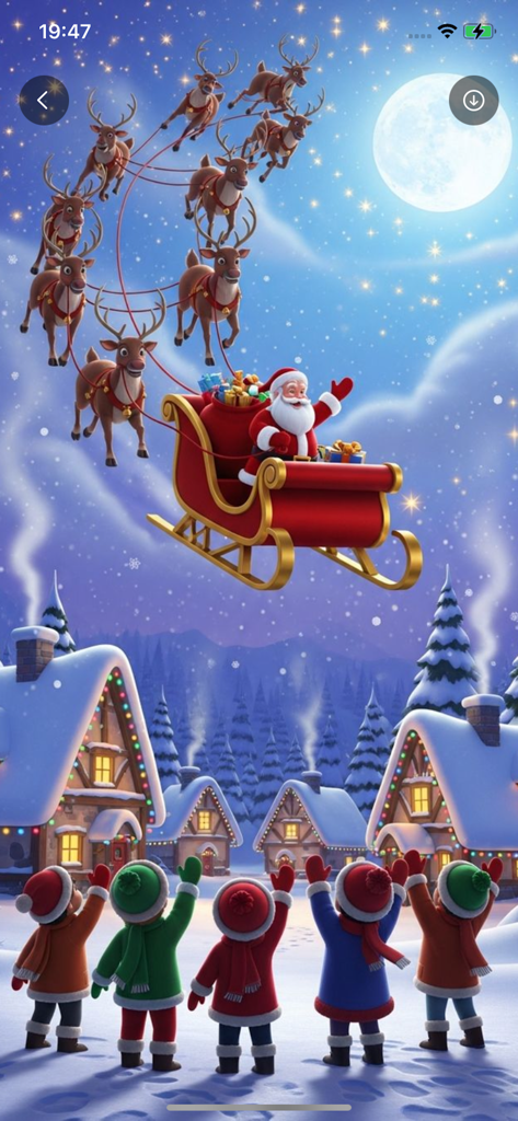 Wallea - Papá Noel y renos volando sobre un pueblo invernal bajo una luna llena