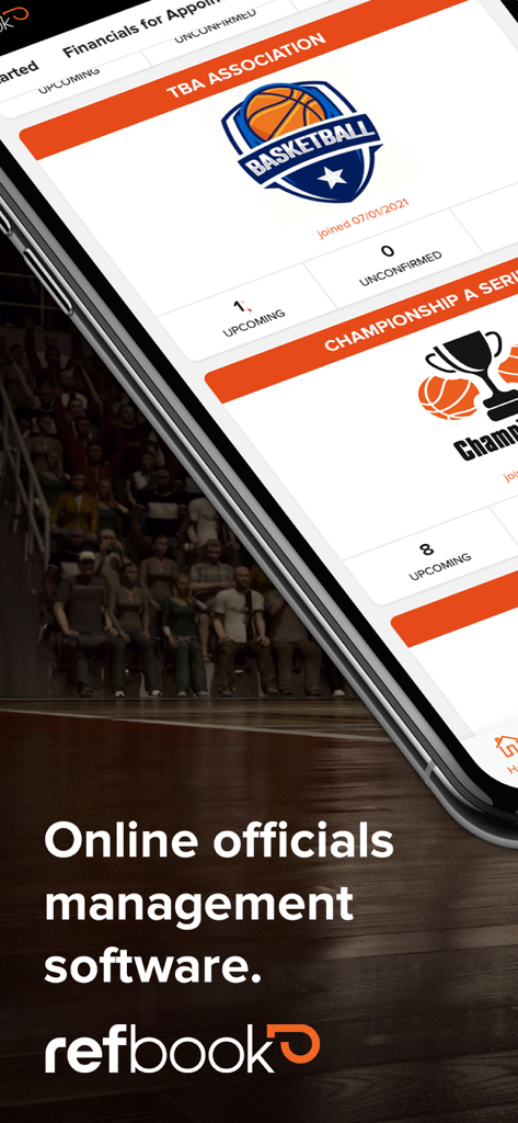 Interface de l'application Refbook affichant les prochaines affectations d'arbitrage de basketball sur un écran de smartphone.