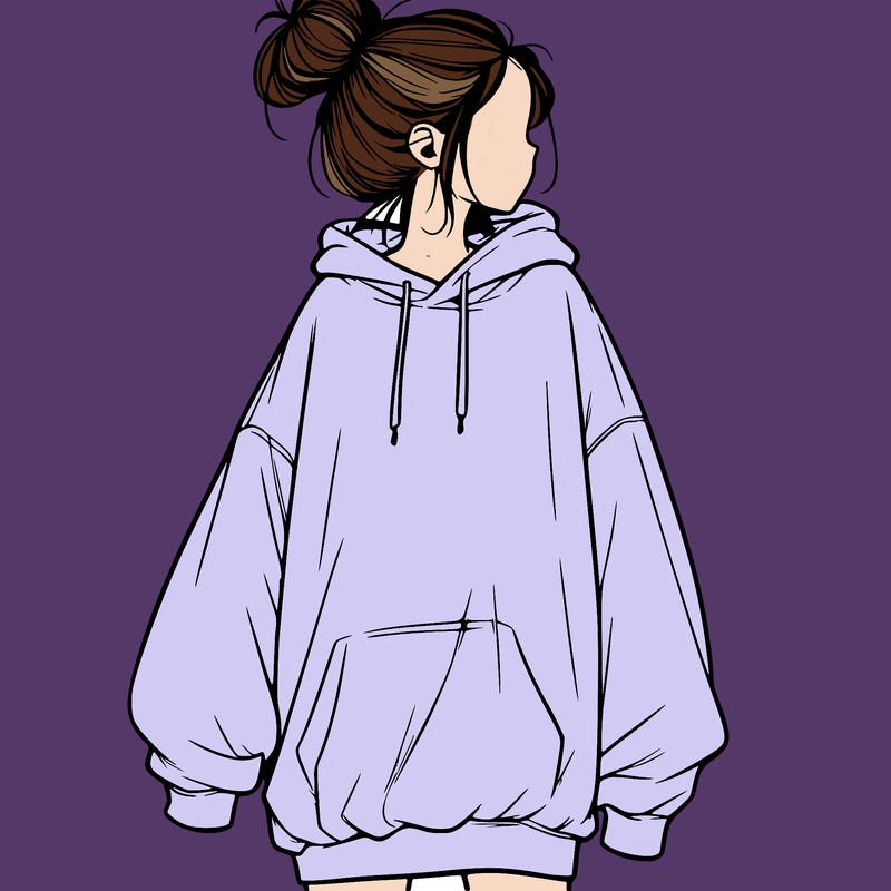 realistic girl with a oversized sweatshirt on and a bun