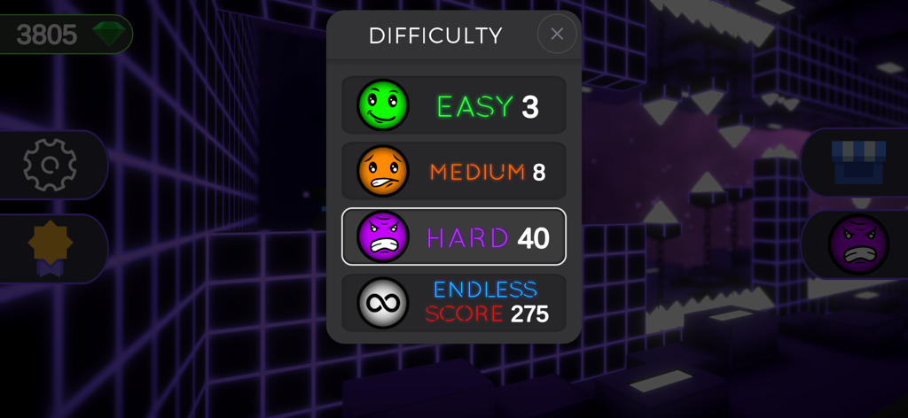 Geometry Jump 3D - Difficulty selection menu in Geometry Jump 3D showing easy medium hard and endless levels