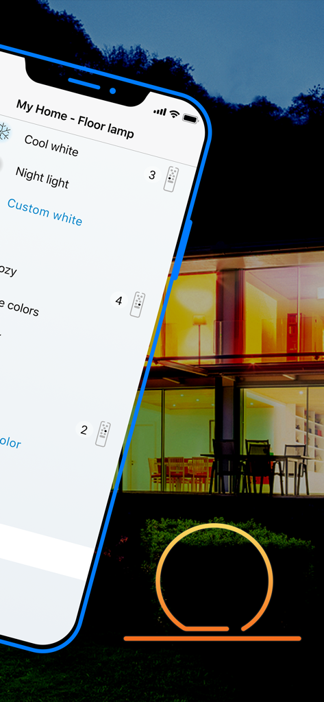 iPhone displaying WiZ legacy app light settings for a floor lamp with a modern house background