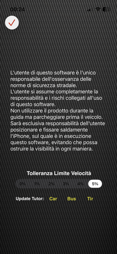 Pantalla de configuración de la aplicación iTutor Pro que muestra la selección de tolerancia de límite de velocidad y las actualizaciones del tipo de vehículo