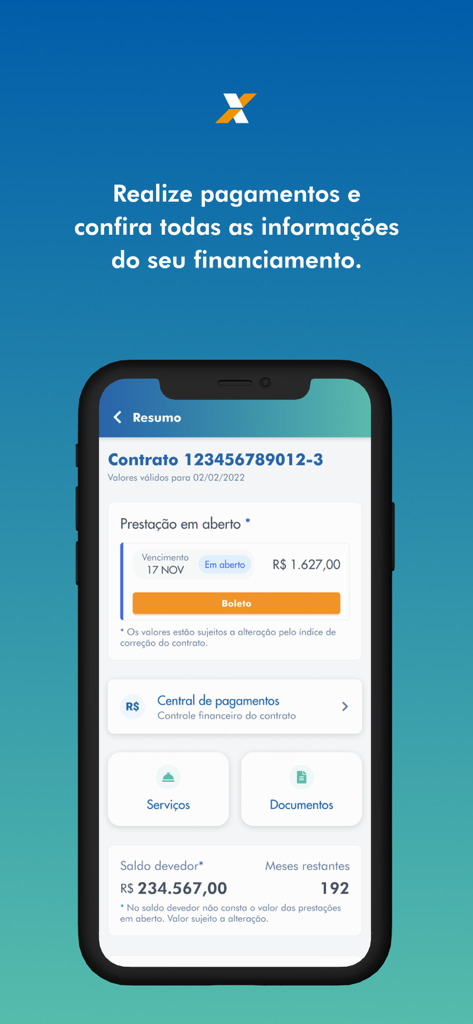 Habitacao Caixa mobile app screen showing mortgage contract details and payment options