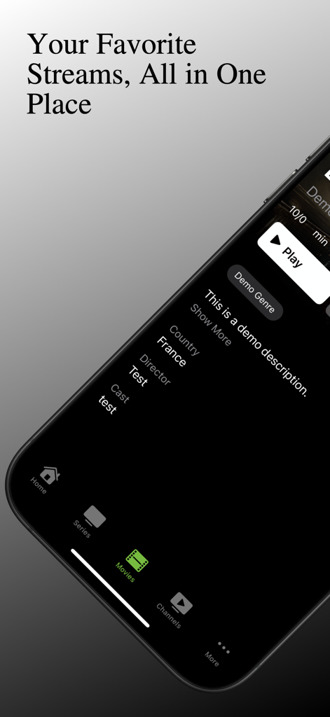 iPTV Player plus App-Oberfläche, die Filmdetails im Dunkelmodus anzeigt