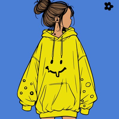 realistic girl with a oversized sweatshirt on and a bun