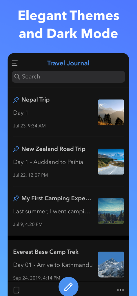 UpNote mobile app interface showing a travel journal with multiple entries in dark mode theme