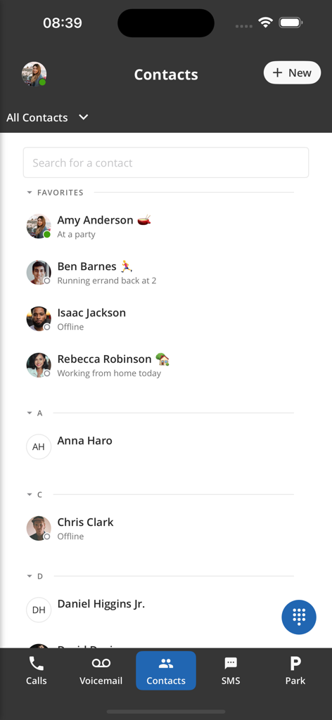 ConnectUC - ConnectUC mobile app contacts screen showing real-time coworker status and availability