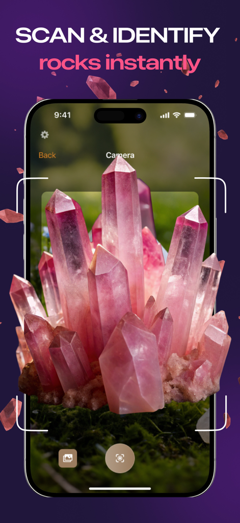 Rock Finder AI - Stone Scanner - Tela do iPhone mostrando o Rock Finder AI escaneando um grande cristal rosa para identificação instantânea
