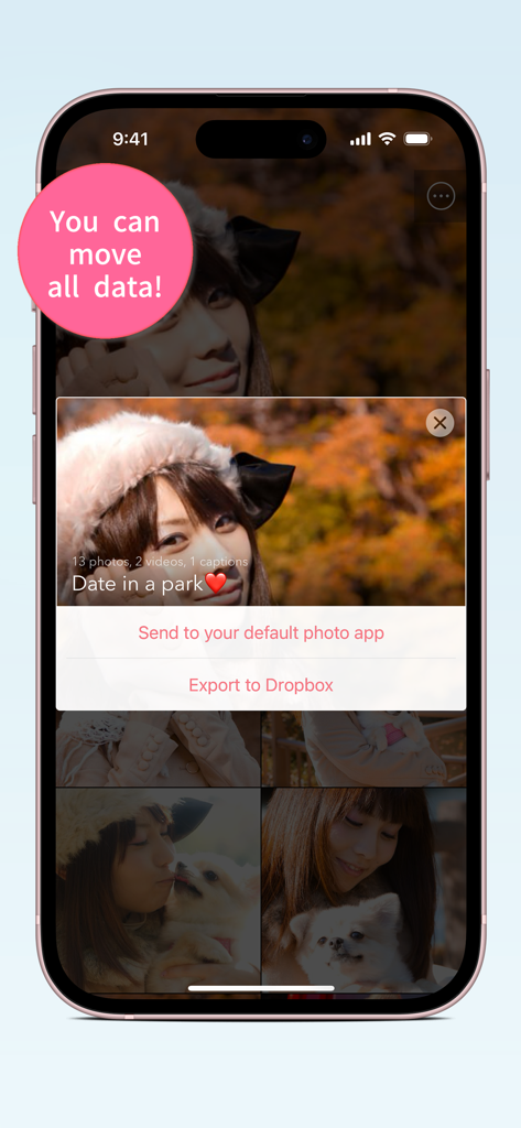 Secret Key Lock Album - Secret Key Lock Album app interface showing options to send photos to the default app or export to Dropbox