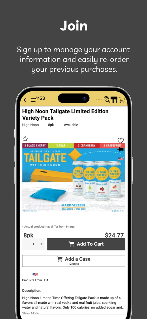 PATS BEVERAGE AND LIQUOR STORE app showing a product page for High Noon seltzers with add to cart options