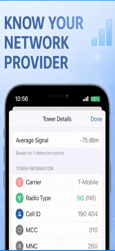 Cell Tower – Signal Finder 5G - Cell Tower app screen showing T-Mobile 5G network details and average signal strength