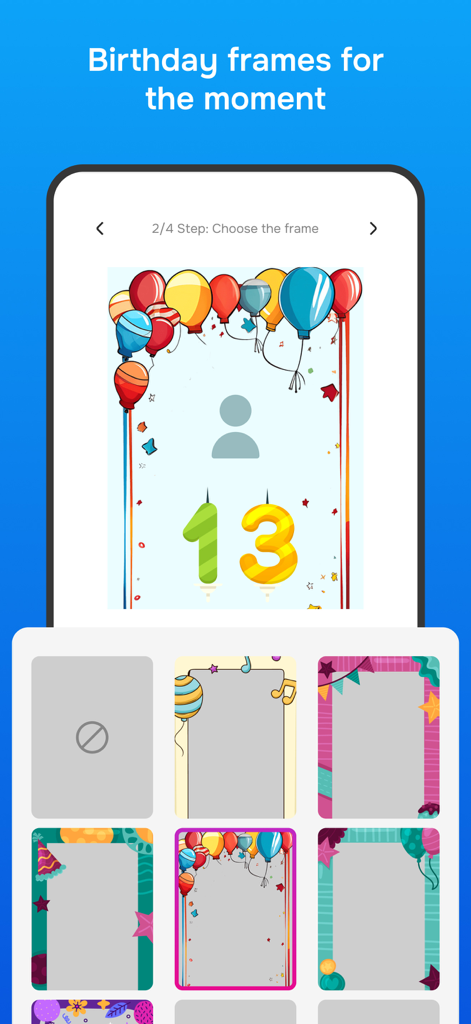 Mobile app screen displaying various colorful birthday frame designs with balloons and candle numbers.