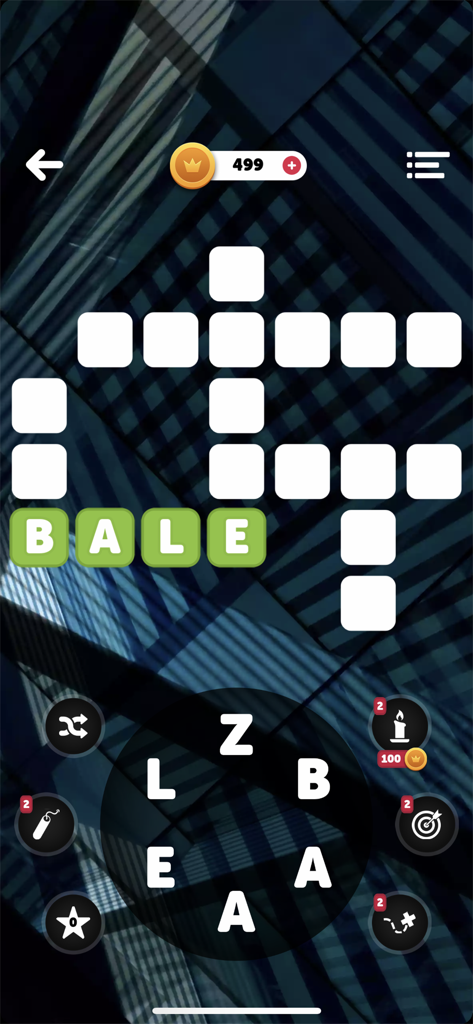 Eine Kreuzworträtsel-Oberfläche in der Words of the World App, die das gelöste Wort BALE und ein Anagramm-Buchstabenrad unten zeigt.