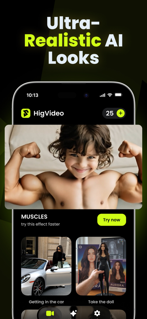 Create Videos for Higgsfield - Smartphone display of the HigVideo app showcasing ultra-realistic AI video effects and generation options.
