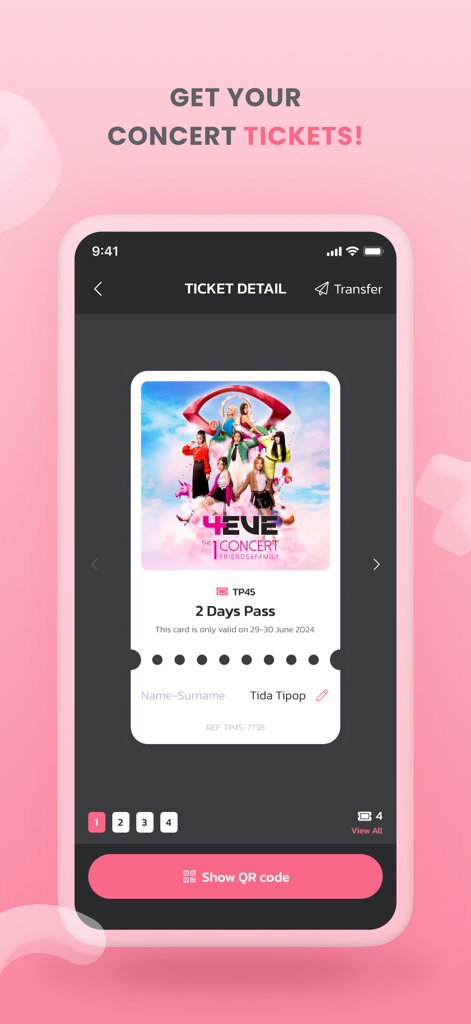T-POP - Screenshot of the T-POP app showing a digital concert ticket for the group 4EVE with an option to show a QR code.