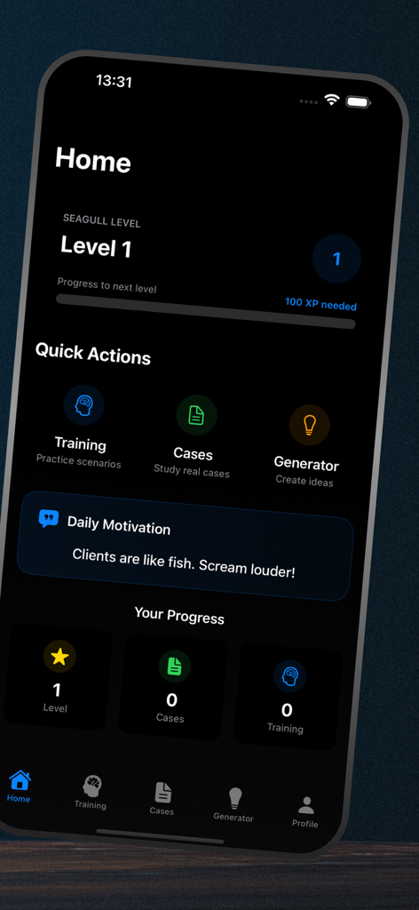 Seagull Rope - Home dashboard of the Seagull Rope app showing sales training levels and progress