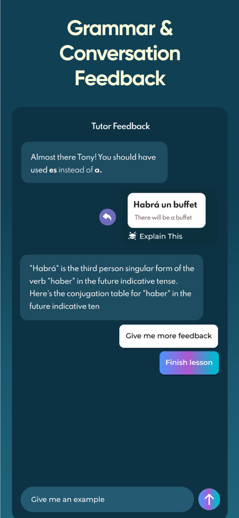 Jumpspeak | Language Learning - Ein Screenshot der Jumpspeak-App, der einen KI-Tutor zeigt, der während einer Spanischlektion sofortiges Grammatik- und Konversationsfeedback gibt.