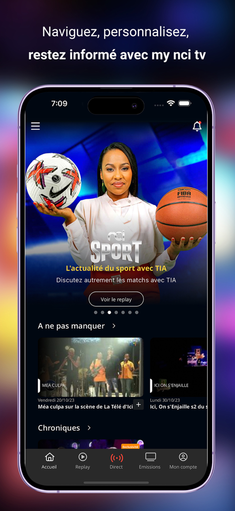 Mobile app interface of My NCI TV showing sports news coverage and video content.