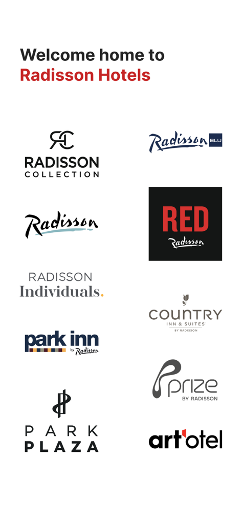 Radisson Hotels Stays - Une collection de logos de marques d'hôtels, y compris Radisson Blu, Radisson RED et Park Plaza du groupe Radisson Hotels