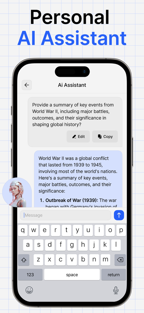 Math SolverアプリのAIアシスタントチャットインターフェースを示すスマートフォン。第二次世界大戦の概要が提供されています。