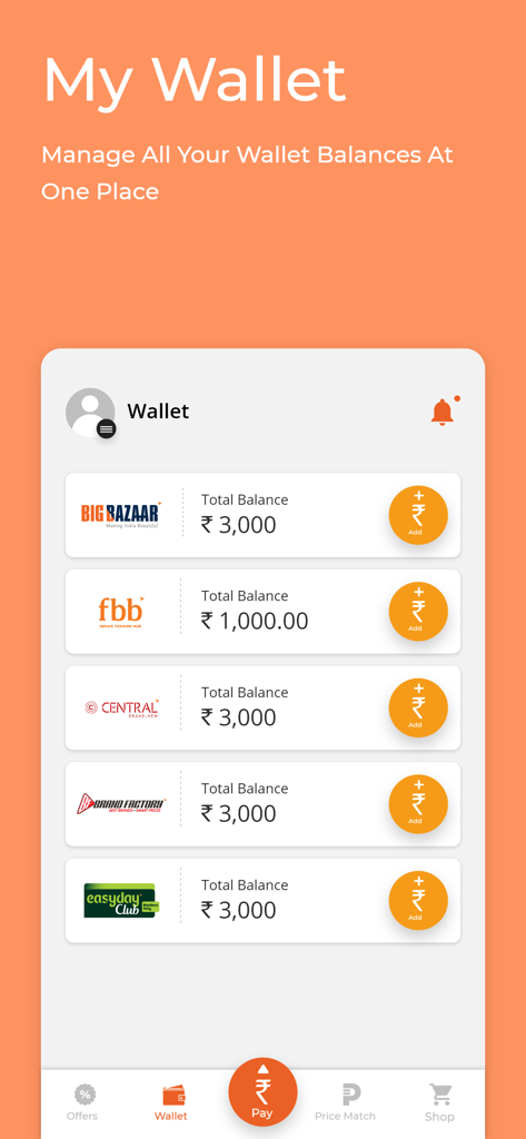 Future Pay - Future Pay app My Wallet screen showing balances for Big Bazaar fbb Central Brand Factory and Easyday Club