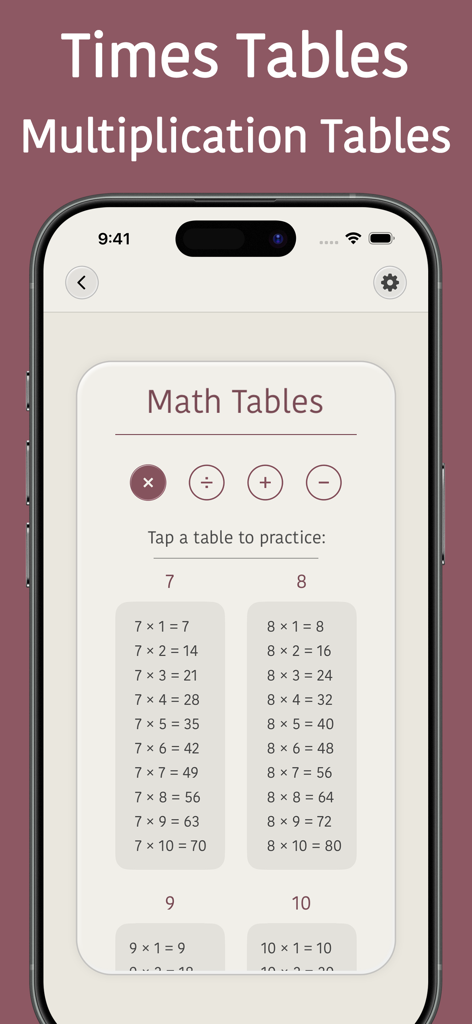 Mental Math Trainer Games - Mental Math Trainer app screen showing multiplication tables for numbers seven through ten in a minimalist interface.