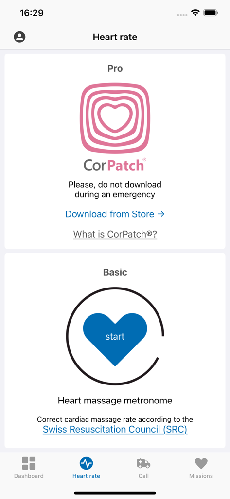 Fondazione Ticino Cuore - Interfaz de la aplicación Ticino Cuore que muestra un metrónomo de masaje cardíaco y herramientas de emergencia CorPatch.